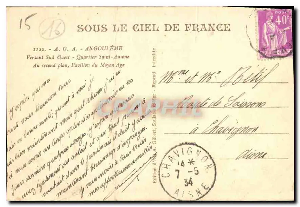 Ansicht der Stadt Angoulême — Viertel Saint-Aubin — Ausgabe Gilbert, n°1122 - Rückseite