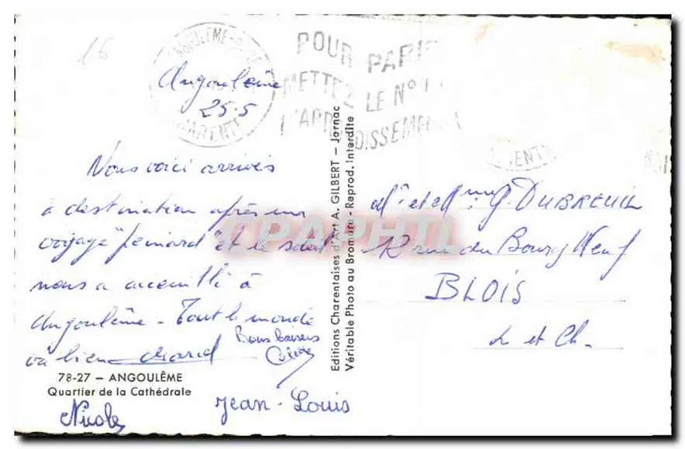 Angoulême — Bairro da Catedral — Edições Charentaises d'Art A. Gilber, n° 78-27 - Verso