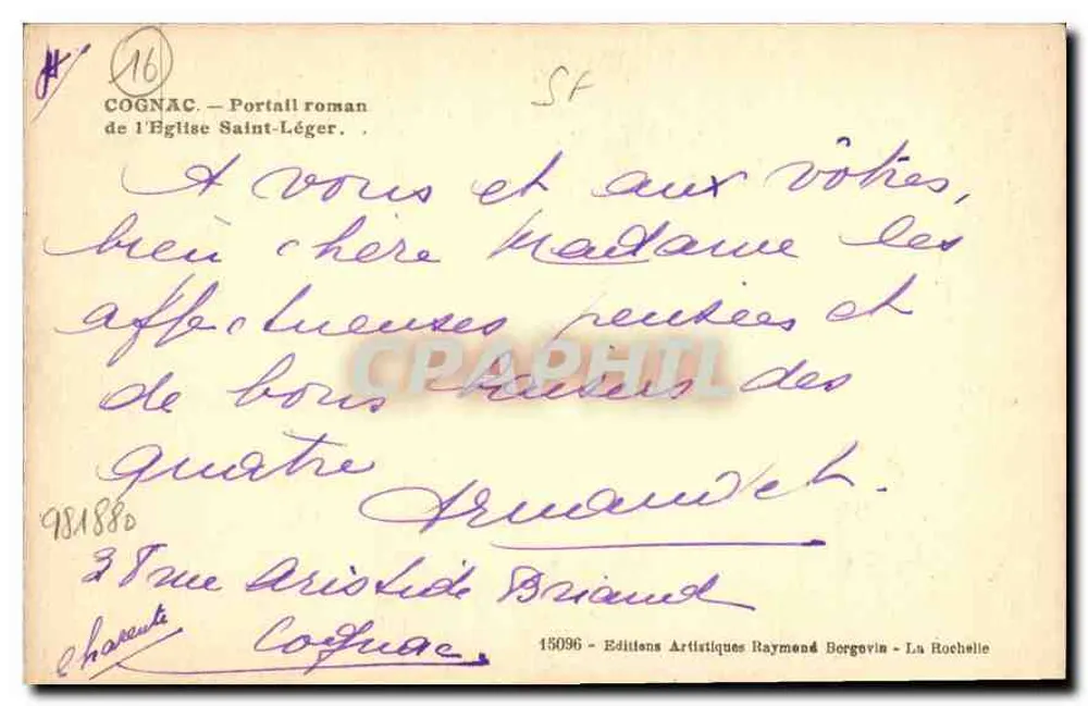 Cognac — Römischer Portal der Kirche Saint-Léger — Éditions Artistiques Raymond Bergoin - Rückseite
