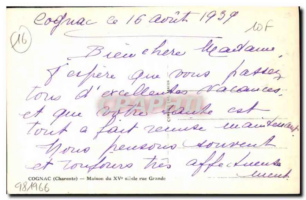 Cognac — Casa do século XV na rue Grande — Cim - Verso