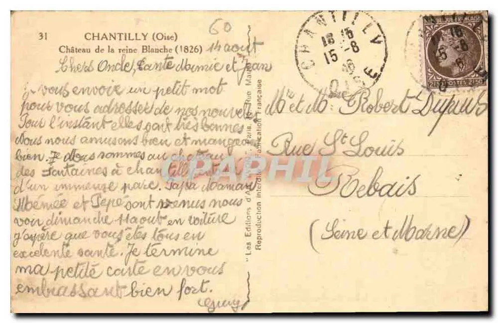 Castelo da Rainha Branca — Chantilly (Oise) — Les Éditions Françaises, n°31 - Verso