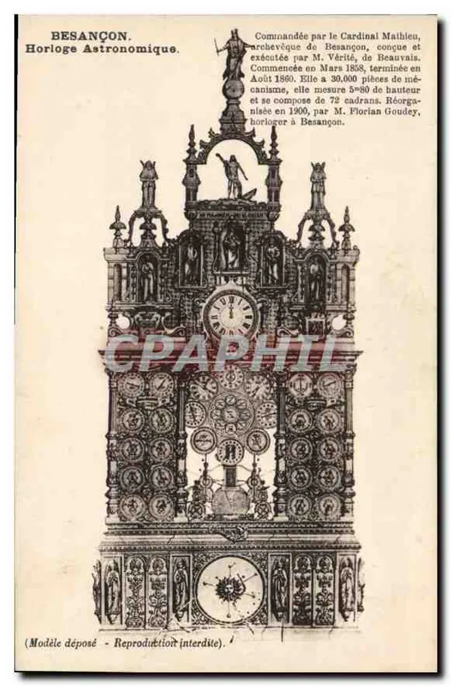 Besançon. Astronomische Uhr — Auftraggeber Kardinal Maîthieu, entworfen und hergestellt von M. Vérité aus Beauvais, fertiggestellt im August 1880. 1900 neu organisiert von M. Florian Goudey. - Vorderseite