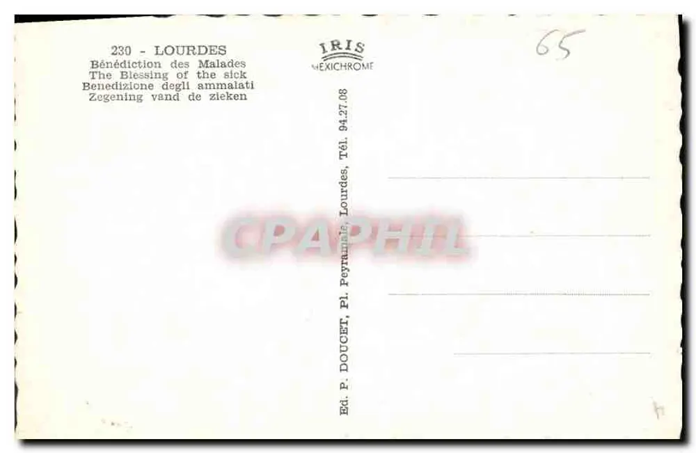 Lourdes — Bezwering van zieken — Ed. P. Doucet, Pl. Peyramale, Lourdes - Achterkant
