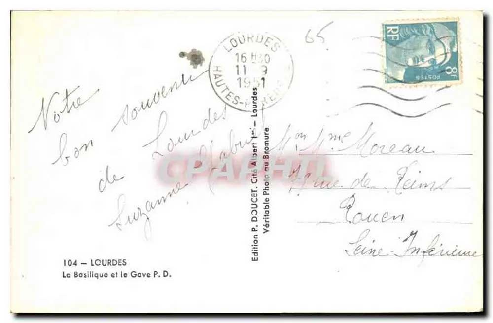 A Basílica e o Gave em Lourdes — Edição P. DOUCET, n°104 - Verso