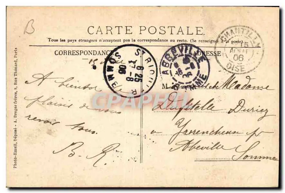 Castelo de Chantilly (Oise) — Lado Noroeste — Mme Vve Robineau, livreira-editora, Chantilly - Verso