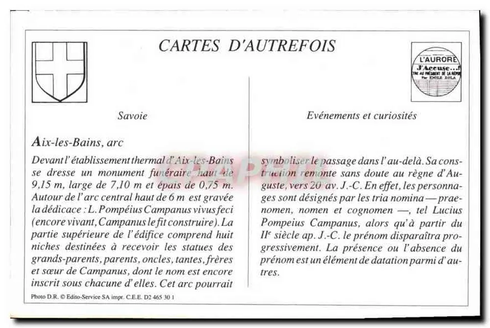 Aix-les-Bains - Arco de Campanus — Editor L'Aurore, n° D2 465 30 1 - Verso