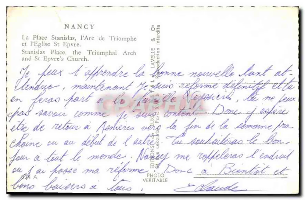 Nancy — Place Stanislas, der Triumphbogen und die Kirche Saint-Épvre — Verlag Etel - Rückseite