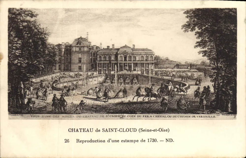 Schloss Saint-Cloud — Ansicht einer der Schlossflügel zur Seite des Pferdehakens oder der Straße von Versailles — Nachbildung einer Kupferstich von 1730 — N.D. — Nr. 26 - Vorderseite