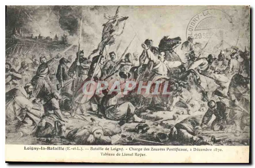 Leigny-la-Bataille (E.-et-L.) — Slag bij Loigny — Aanval van de Rooms-Katholieke Zouaves, 1 december 1870. Schilderij van Lionel Royer. - Voorkant