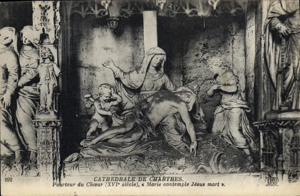Katedra w Chartres — belka chóru (XVI wiek), «Maria patrzy na zmarłego Jezusa» — JND Jhœ. - Awers