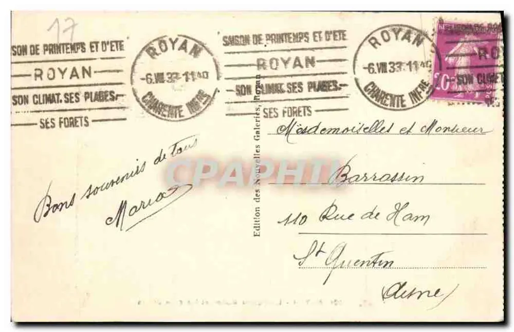 Royan - O Square Botton e as duas Jetées — Edição das Novas Galerias, n°231 - Verso