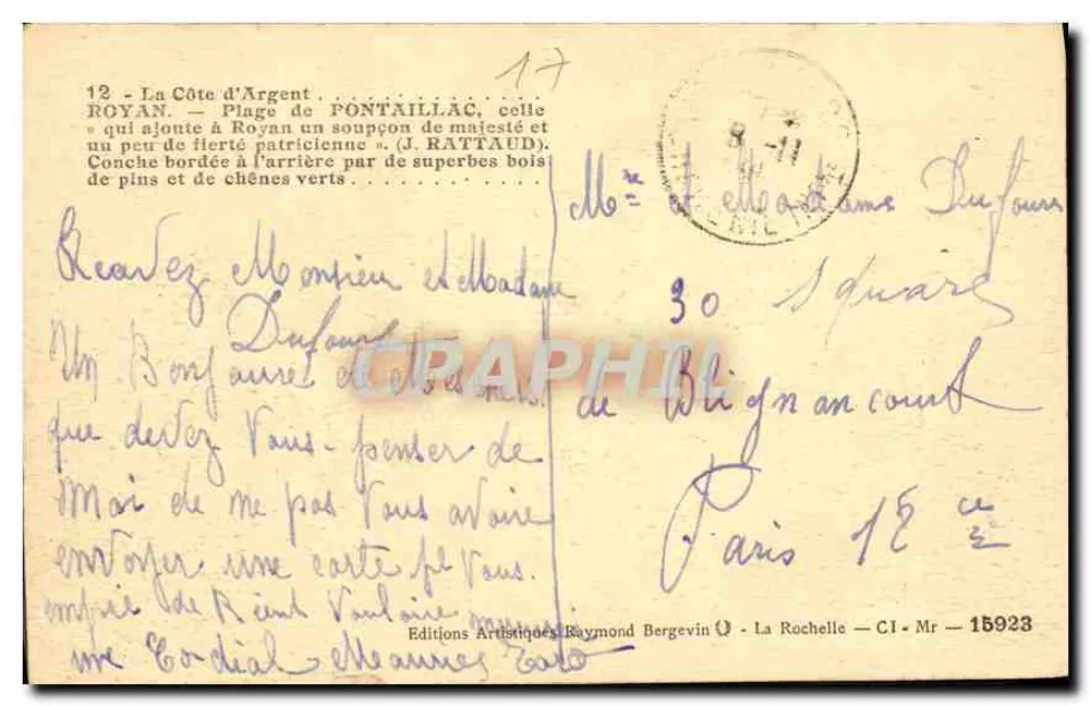 A Costa d'Argent — Royan — Praia de Pontaillac — Éditions Artistiques Raymond Bergevin - Verso