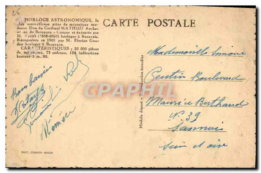 Besançon — Het Astronomische Klok — Brandibas-Goudey, uitg. - Achterkant