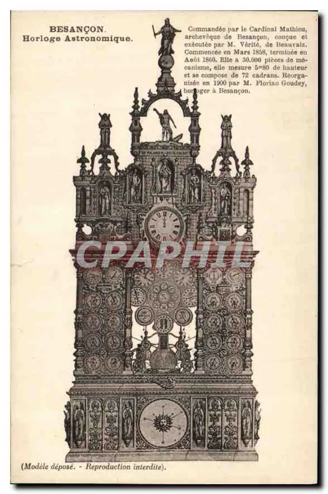 Besançon. Relógio Astronômico — Comissionado pelo Cardeal Mathieu, concebido em 1838, executado por M. Varité, reorganizado em 1900 por M. Florian Goudey - Frente