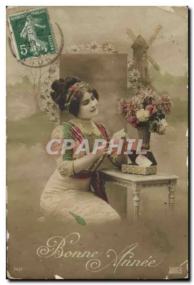 Frau neben einem Blumenstrauß — Windmühlenlandschaft — anonymer Verleger, Nr. 7457 - Vorderseite