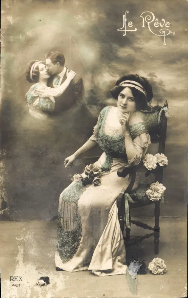 Jovem mulher em vestido elegante — cena de sonho com casal apaixonado — editor REX, n° 461 - Frente