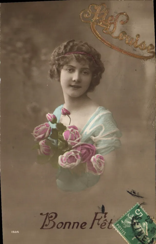 Junge Frau mit Rosenstrauß — Frohe Feier — Verlag Louise, Nr. 138 - Vorderseite