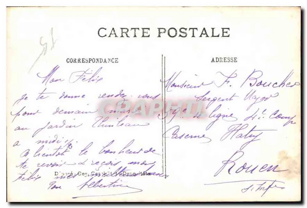 Jovem menina em vestido azul segurando um grande buquê — editor D'après Ges & Cie, Paris - Verso