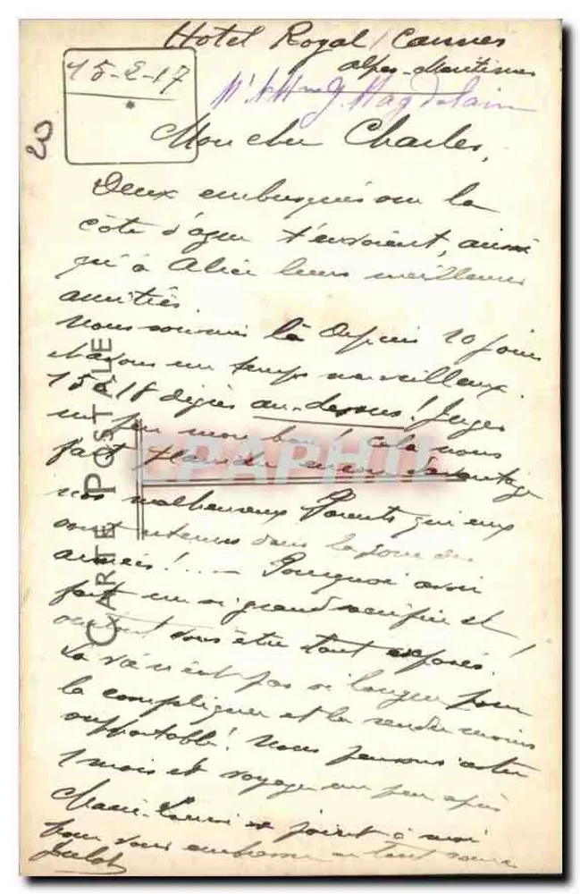 Cannes - Hotel Royal — casal diante de uma escada — fotografia de época - Verso
