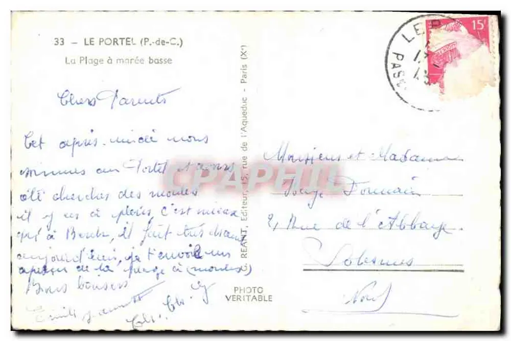 A Praia com maré baixa — Le Portel (P.-de-C.) — Editor RENART, Paris - Verso