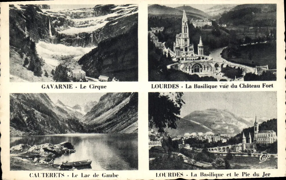 Gavarnie - O Circo, Lourdes - A Basílica vista do Castelo Forte, Cauterets - O Lago de Gaube, Lourdes - A Basílica e o Pic du Jer - Frente