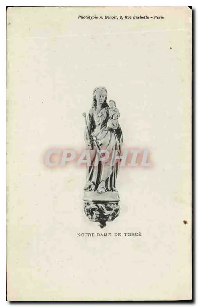 Notre-Dame de Torcè — statua Matki Bożej z Dzieciątkiem — Phototypie A. Benoit, 8 Rue Barbette - Paris - Awers