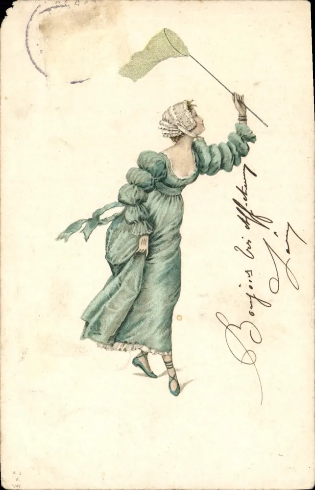 Mulher em vestido verde segurando uma bandeira — ilustração — editor A.S. W. n° 1348 - Frente