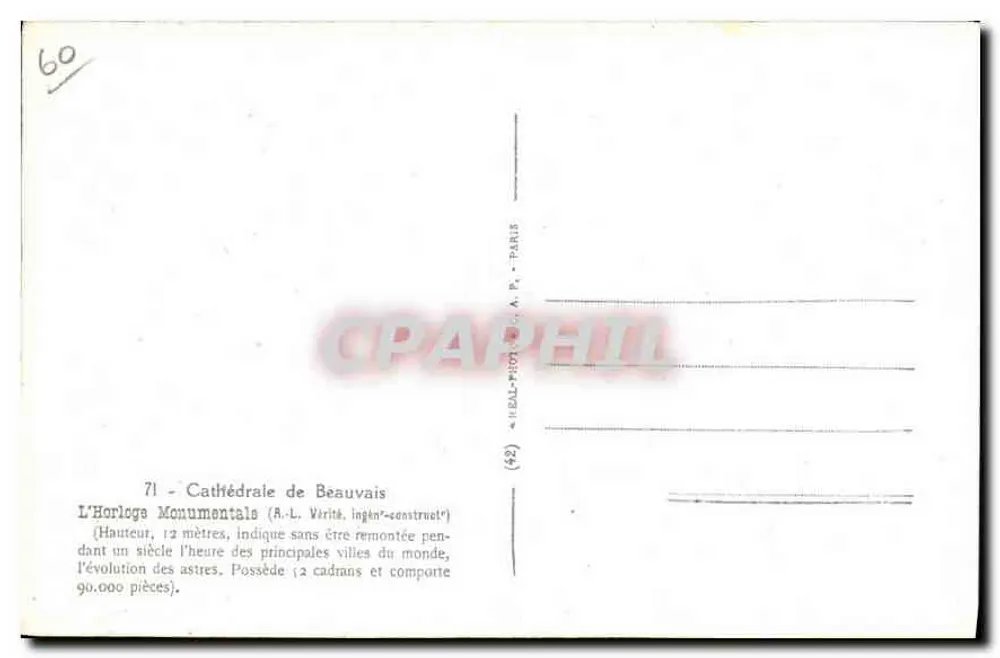Monumentale Uhr der Kathedrale von Beauvais — (A.L. Vérité, Ingenieur-Bauer) — Verlag H.P. Paris - Rückseite