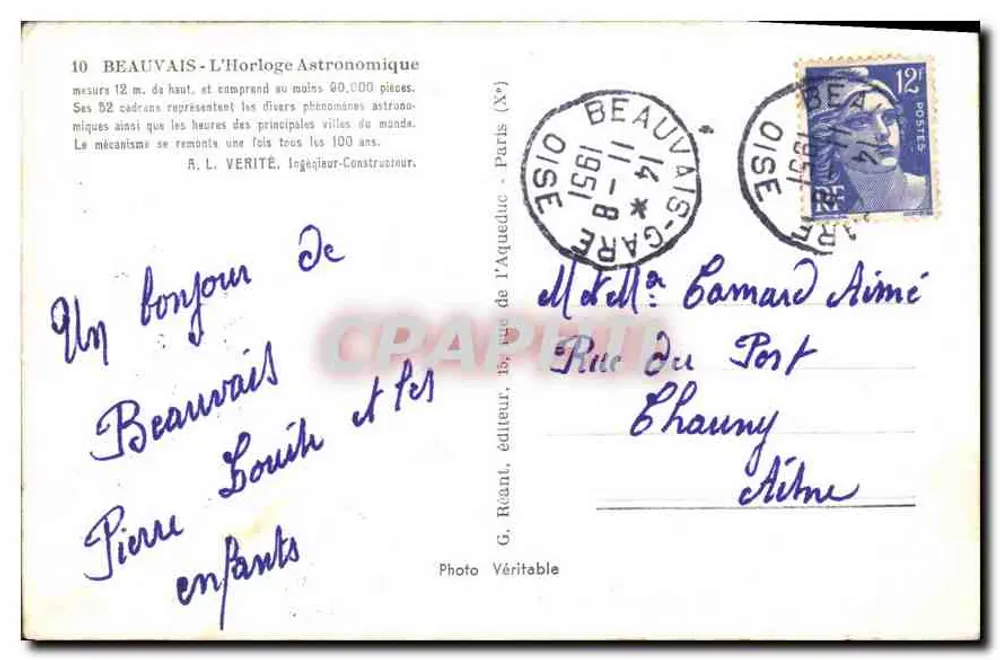 Beauvais - A Relógio Astronômico — Foto Verdadeira, editor G. Riant, n°10 - Verso