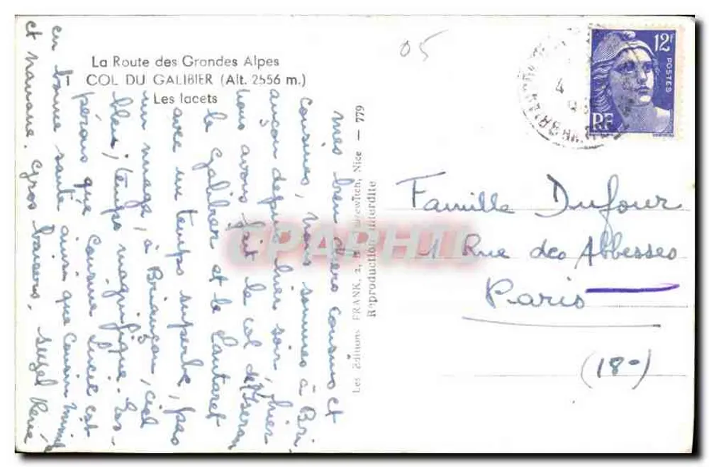 Col du Galibier — Die Schlangenlinien — Éditions Frank, Nizza, n° 779 - Rückseite