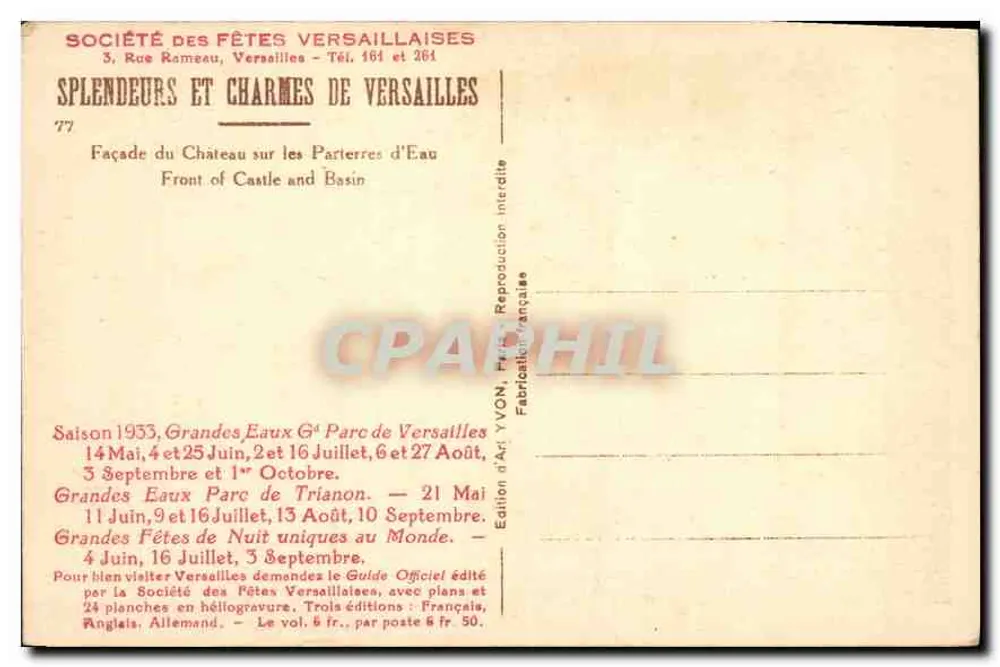 Château de Versailles — Fassade über die Parterres d'Eau — Édition YVON - Rückseite