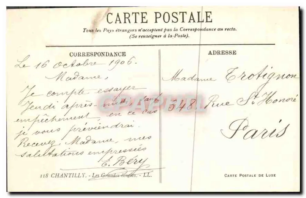Chantilly — Castelo de Chantilly — Carta postal de luxo - Verso