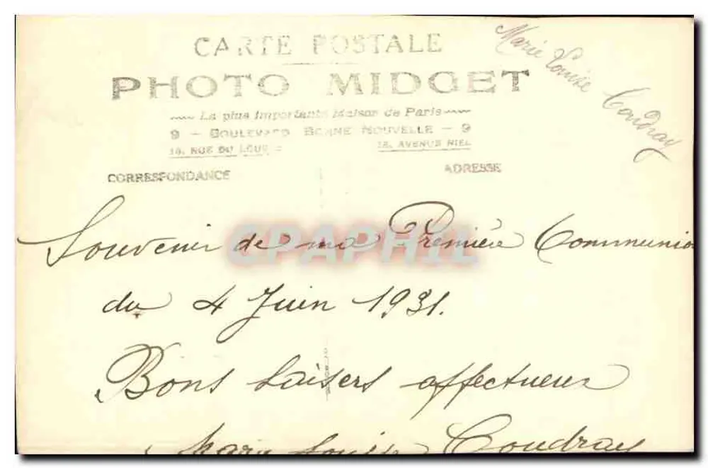 Menina em vestido branco e véu — Primeira Comunhão — Foto Midget, Paris - Verso
