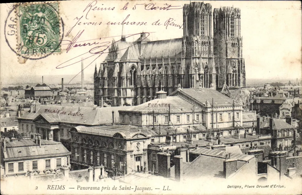 Reims — Panorama tirado de Saint-Jacques. — LL. — Deligny, Place Drouet d'Erlon. - Frente