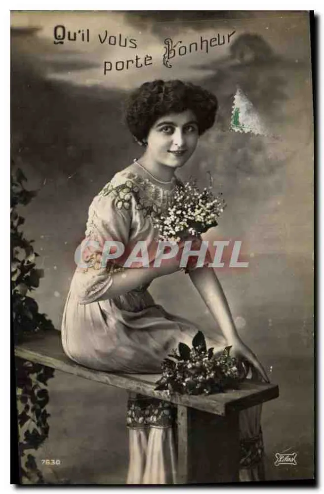 Junge Frau sitzend mit Blumenstrauß — Qu'il Vous porte Bonheur — Verlag Stalink, n° 7630 - Vorderseite