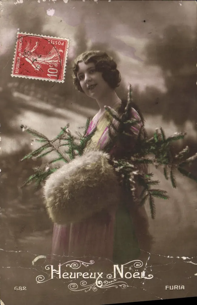 Giovane donna che tiene un albero di Natale — Buon Natale — Furia, n° 682 - Recto