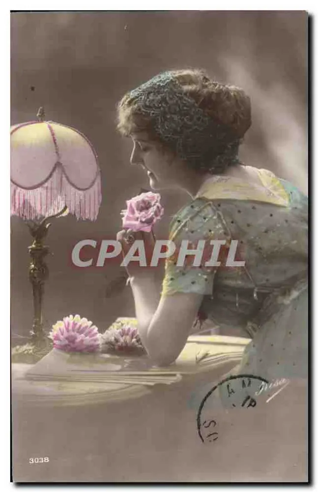 Mulher com a rosa - interior com lâmpada de frangos - editor anônimo, n° 3038 - Frente