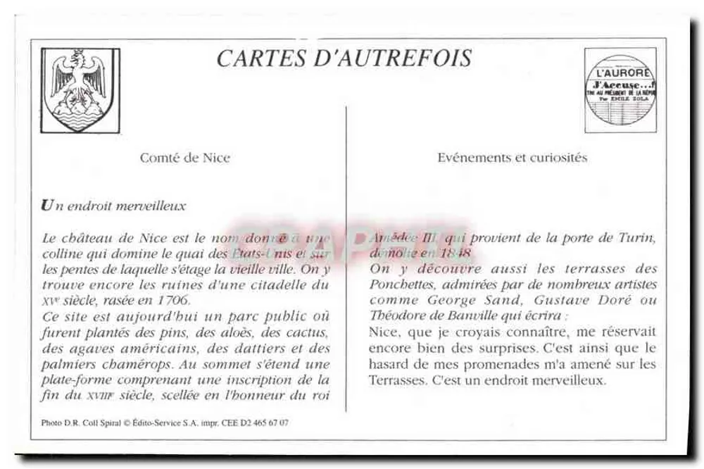 Nice — O Castelo — Avenida dos Palmeiras — Editor L'Aurore, n° 465 67 07 - Verso