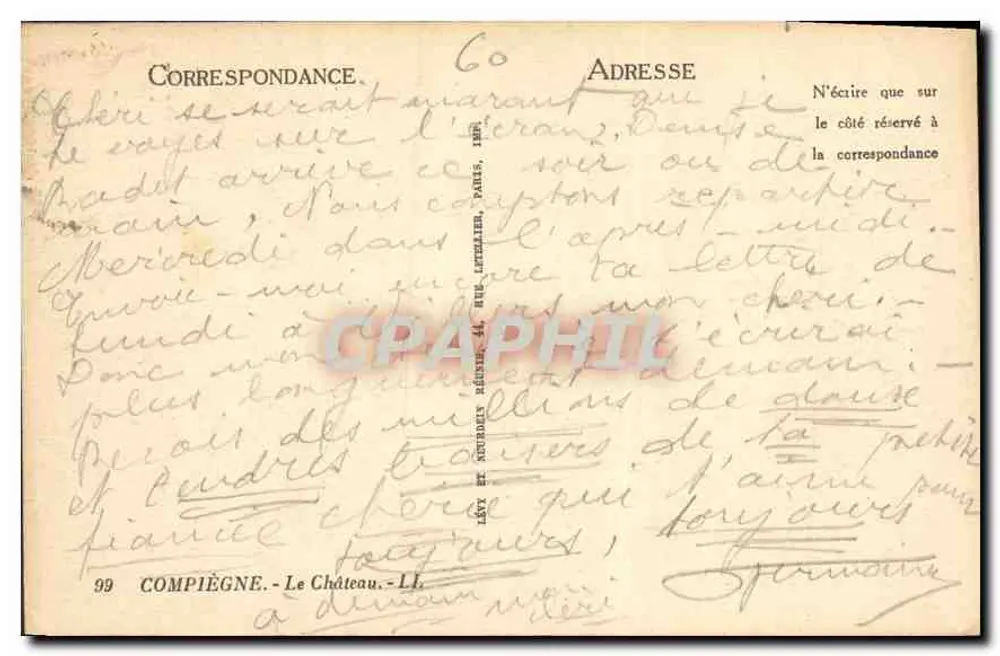 Castelo de Compiègne — Vista do parque e do edifício principal — Editor Lévy e Naudet, n°99 - Verso
