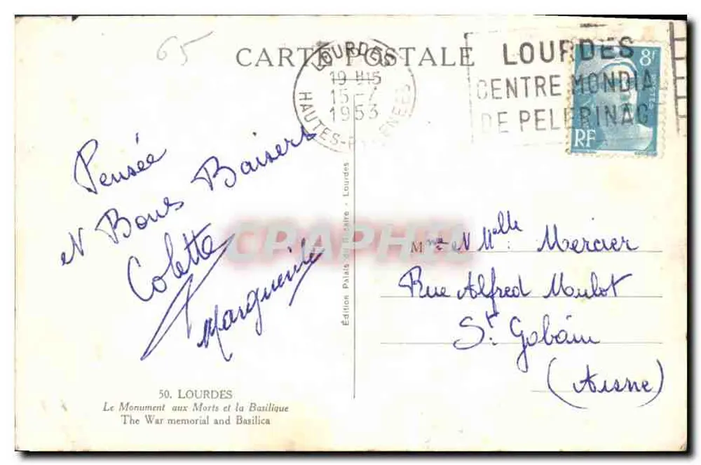 Lourdes — Denkmal für die Toten und die Basilika — Édition Palais du Rocher, n°50 - Rückseite