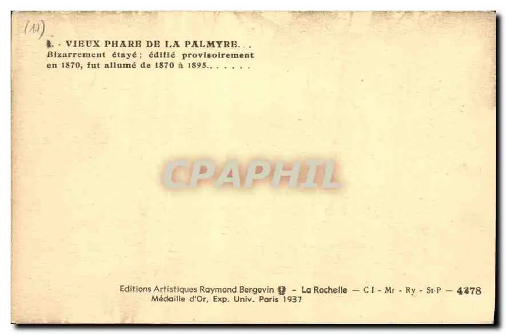 Farol de La Palmyre — construído temporariamente em 1870 — Éditions Artistiques Raymonde Bergevin - Verso