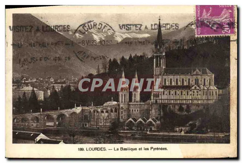 Lourdes — A Basílica e as Pirineus — Bilhete postal antigo n°189 - Frente