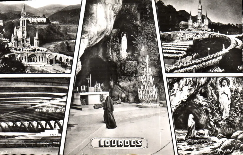 Lourdes — Widok panoramiczny i świątynie — Wydawca P. Vérité - Awers