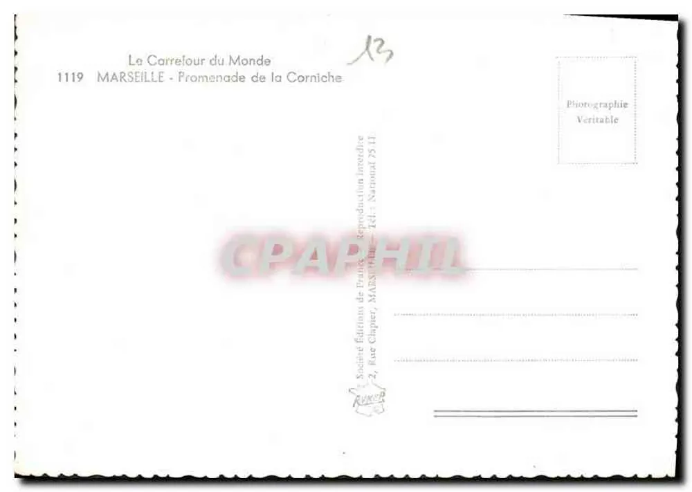 Marseille - Promenade da Corniche — Sociedade Edições da França, n° 1119 - Verso