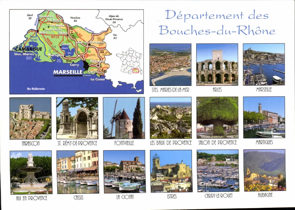 Département des Bouches-du-Rhône — Stara pocztówka turystyczna z mapą i zdjęciami miejsc — Wydawca: PEC, Grasse - Awers
