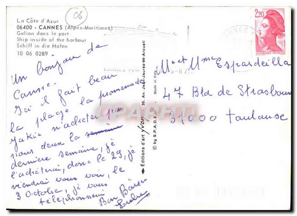 Ein Schiff in Cannes — Éditions d'art Yvonn — n° 0289 - Rückseite