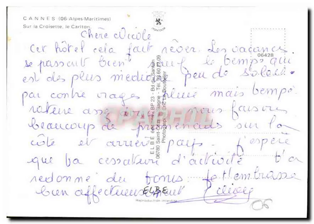 Cannes — Le Carlton Hotel — Éditeur E.L.B.E. n° 06428 - Verso