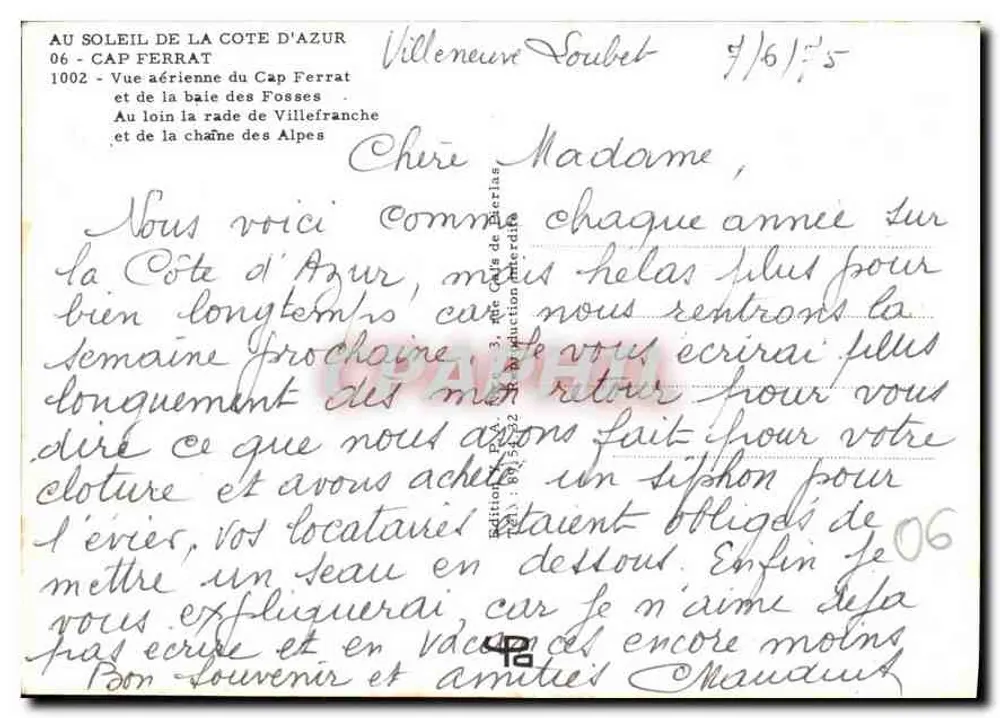 Cap Ferrat — Luftbild des Cap Ferrat und der Bucht der Fosses — Éditions de la Côte d'Azur, n° 06 - Rückseite