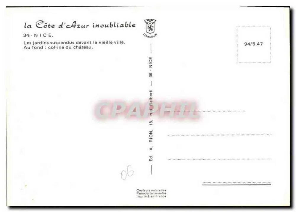 Jardins suspensos diante da velha cidade — Nice — Éd. A. Rion, 18, rue Falberti - Verso