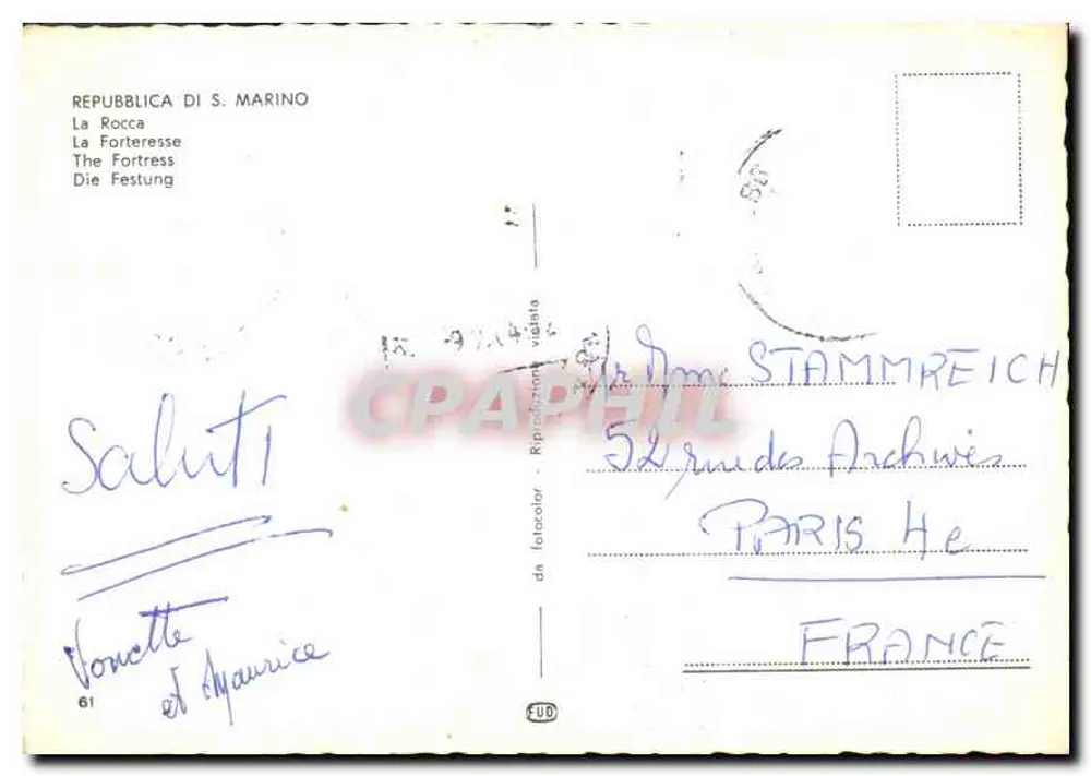 La Rocca — Fortaleza de San Marino — Bilhete postal antigo FOTOCOLOR n°61 - Verso